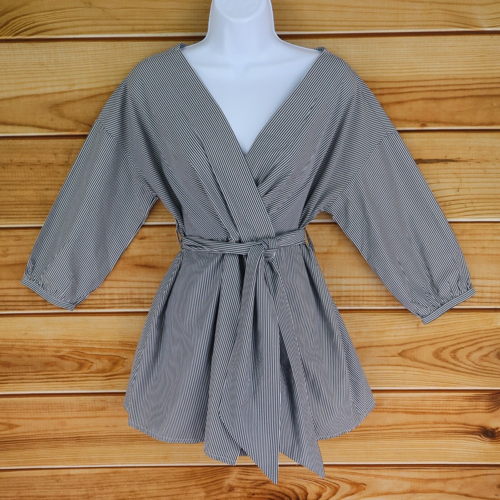 Motherhood Maternity Blouse V-Neck Belted‎ Womens Size S Dark Gray White Stripes